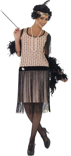 Smiffys 20s Coco Flapper Costume, Pink Dress, Cigarette Holder, Necklace & Headpiece, 1920's Razzle Fancy Dress, Adult Dress Up Costumes