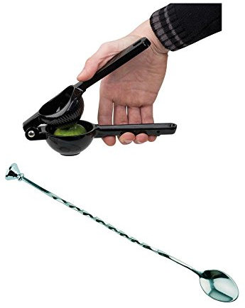 APS Bar und Cocktail Set Limonen-/Limettenpresse aus Aluminiumdruckguss und Barlöffel 27 cm mit Stößel