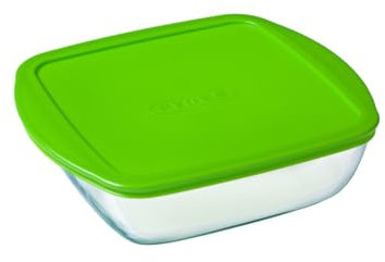 Pyrex Schüssel mit Deckel, quadratisch, 20 x 17 x 5,5 cm, Glas Plastik, grün, 2,2L