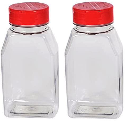Skyway Supreme Large 16 OZ Clear Plastic Spice Bottles Jars Containers - Set of 2 - Flap Cap Pour and Sifter Shaker Durable Refillable Perfect For Storing and Dispensing Herbs and Spices - BPA Free