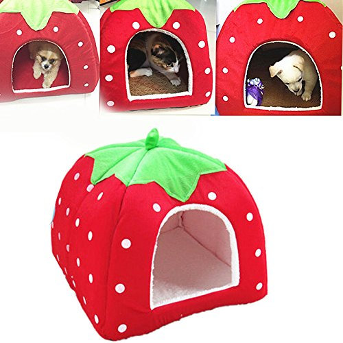Demiawaking Weiche Haustier Schlafsack Hundehütte Katzenhöhle Hund Katze Haus (S, Erdbeeren Rot)