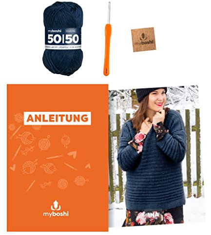 myboshi Häkelset Pullover Ina, inkl. 50/50 Wolle, Nadel und Anleitung, Häkelpaket, 50% Baumwolle, 50% Merinowolle Blau mit Häkelnadel