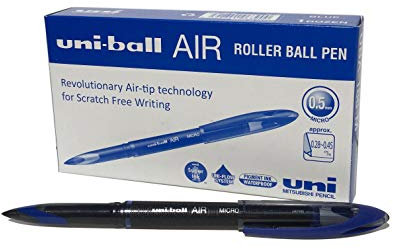 uni-ball UB-188-M Micro Air Rollerball Pens. Premium 0.5mm Nib for Super Smooth Handwriting. Writes Like a Fountain Pen. Fade and Water Resistant Liquid Uni Super Ink. Box of 12 Blue Ballpoint Pens