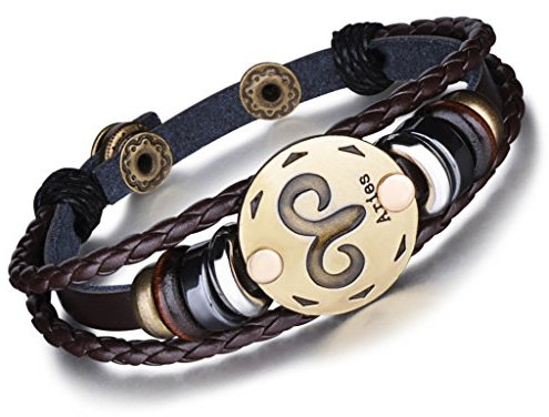 Unendlich U Punk Modisch 12 Sternbilder Sternzeichen Herren Damen Charm Armband Geflochten Leder Legierung Multilayer Braun Armreifen, Widder(Aries)