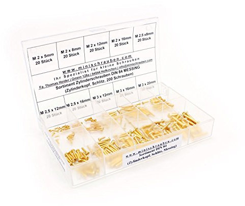 Sortimentskasten mit 200 Stück kleinen Zylinderschrauben nach DIN 84 aus Messing (M2, M2,5 und M3), Schlitz, Zylinderkopf. Minischrauben Sortiment inkl. beschrifteter Box
