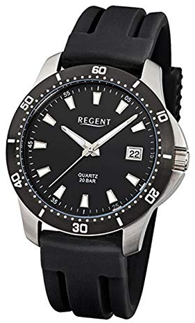 REGENT Armbanduhr Herrenuhren mit Lederband-Kollektion Herren-Uhr mit Kunststoff-Armband schwarz analoges Quarzwerk D1URF911