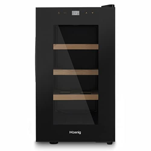 H.Koenig AGE8 Cantinetta per vino, 8 bottiglie, 23 L, temperatura regolabile da 11°C a 18°C, 3 ripiani in legno, refrigerante, silenziosa, elegante, luce interna, Nera