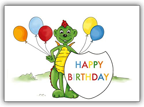 Erlebnispark Schloß Thurn 5er Set Geburtstags Klappkarten mit Happy Birthday für Kinder mit kleinem Drachen Dinolino und Luftballons