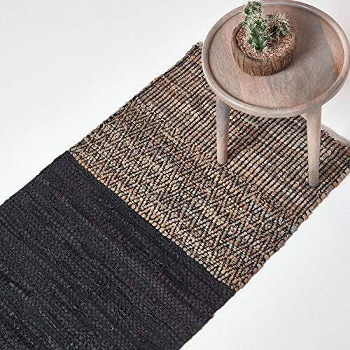 Homescapes Lederläufer schwarz-braun 120x180 cm, Teppich-Läufer handgewebt mit Ethno-Muster aus recyceltem Echtleder, Flachgewebe mit natürlichem Look