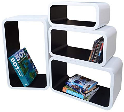 Verstärkte Vielen Farben MDF Retro Design Cube 4er Set Regal Regale Wandregal Deko Würfel CD DVD Lounge Cuben LO01 (Weiß/Schwarz)