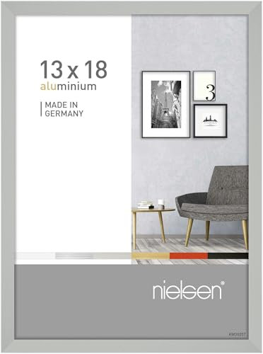 nielsen Bilderrahmen, 13 x 18 cm, Aluminium, Silber matt, Fotorahmen zum Auftstellen und Aufhängen im Hoch- & Querformat, Echtglas, Pixel