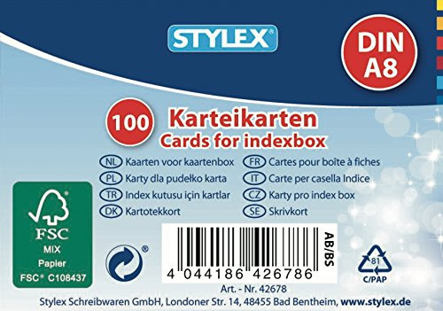 STYLEX Karteikarten A8, 100 Stück, liniert blau mit grünen/roten Strichen