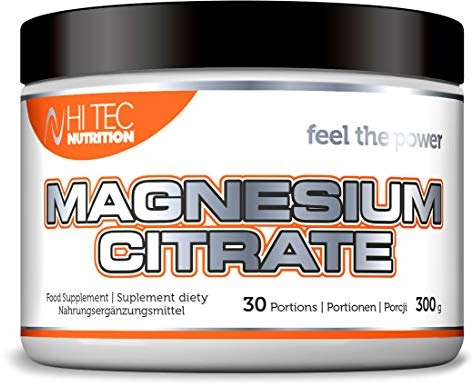 Hi Tec Nutrition Magnesium Citrat Pulver Hochdosiert 500mg pro Portion - mit Vitamin C und B6 - Höhe Bioverfügbarkeit, unterstützt Muskeln, Nerven & Energie - Orangengeschmack - 300g (30 Portionen)