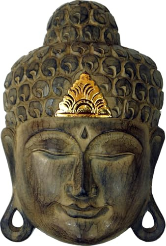Geschnitzte Buddha Maske mit Goldverzierung, Ethno Wandschmuck, 40 cm | Handgefertigte Wandmaske aus Balsaholz, mystische Ausstrahlung, einzigartiges Deko-Element, ideal für stilvolle Räume