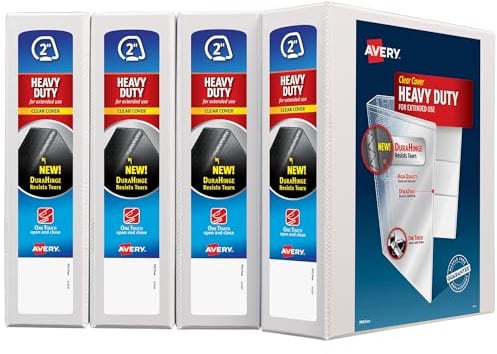 Avery Heavy-Duty View 3 Ring Binder, 2 One Touch Slant Rings, Holds 8.5 x 11 Paper, 4 White Binders (79790)
