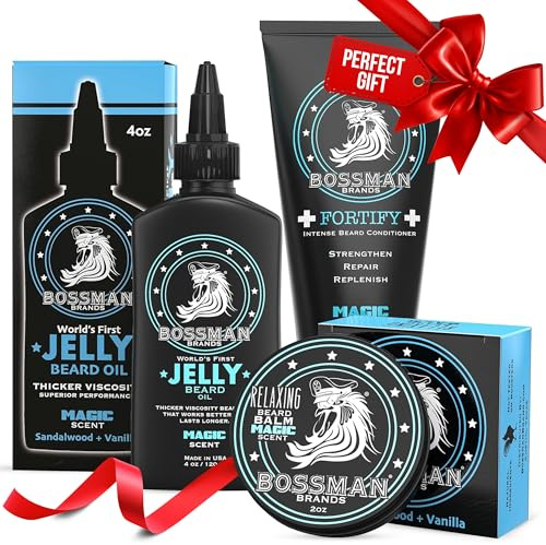 Bossman Essentials Beard Kit for Men, Set of 3 - Beard Oil Jelly, Fortifying Conditioner Cream, Beard Balm - Grooming Growth Care Accessories - Gift Set for Men (Magic)