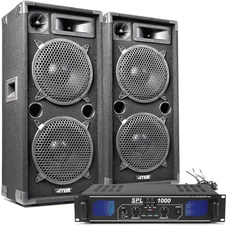 Max Dual 10 DJ Speakers & Skytec 1000W Amplifier Set - Complete Passive PA Sound System for Party, DJ & Home Audio with Speaker Cables Included