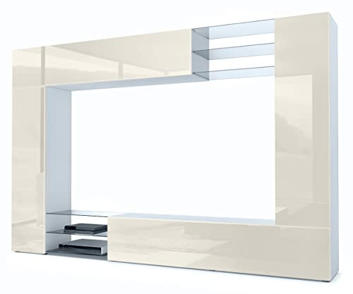 Vladon Wohnwand Mirage, Made in Germany, Anbauwand mit Rückwand mit 2 Türen, 2 Klappen und 6 offenen Glasablagen, Weiß matt/Creme Hochglanz (262 x 183 x 39 cm)
