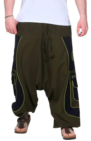 Kunst und Magie Flower of Life Hippie Haremshose Goahose Cargohose, Größe:L/XL, Farbe:Army Green/Schwarz