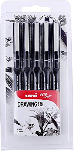 uni-ball PIN 153486623 5-teiliger feiner Liner Zeichnung Stif, wasserbeständige und lichtbeständige schwarze Tinte, Federgrößen (0,1, 0,2, 0,3, 0,5 und 0,8)
