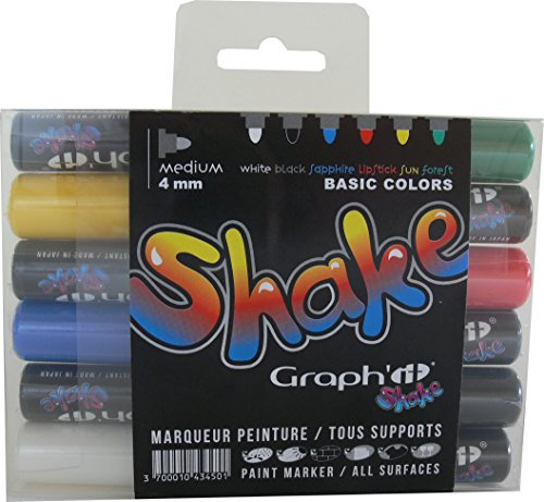 Graph'it - Shake Set de 6 Marqueurs à Encre Acrylique Opaque - Dessin et Manga - Pointe Médium - Résistante à l’Eau et UV - Professionnel et Débutant - Tous Supports - Couleurs Basiques