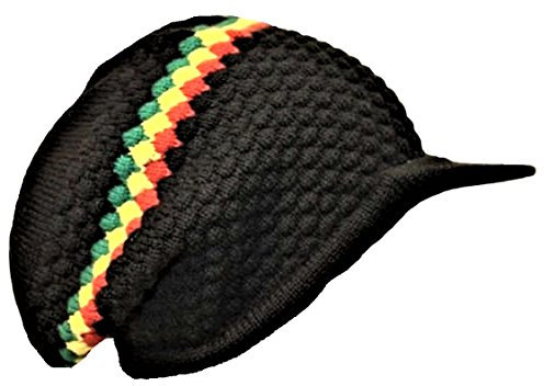 yellowosprey Schwarze Rasta Reggae Strickmütze mit Peak Slouch im Baggie Bob Marley Stil