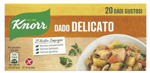 Knorr Dado Delicato, Dado Gustoso da Agricoltura Sostenibile, Basso Contenuto di Grassi, Senza Glutine, Lattosio, Coloranti e Conservanti, 20 Dadi Gustosi