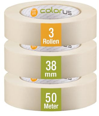 Colorus 3 x Premium Maler-Klebeband PLUS 38 mm x 50 m | Feinkrepp-Klebeband wasserabweisend, rückstandsfrei entfernbar | Abklebeband 90° hitzebeständig | Für professionelle Abklebearbeiten