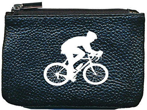 Petit Porte Monnaie en Cuir Porte cles Noir Motif Cycliste Velo