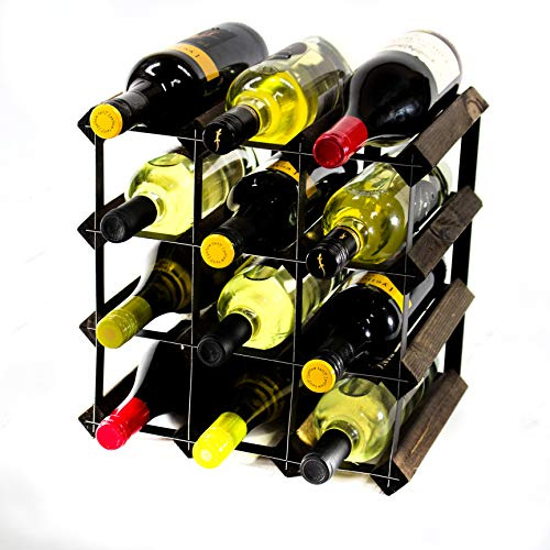 Classic 12 Bottle Dark Oak Stained Wood and Black Metal Wine Rack | Ready Assembled