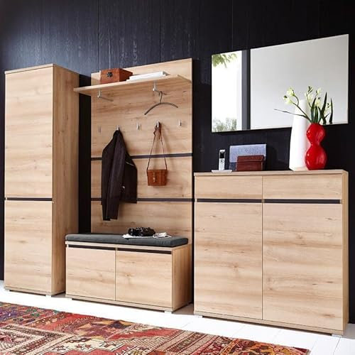 Lomadox Komplett Garderoben Set 5teilig Flurgarderobe Flurmöbel in Holzoptik Edelbuche Schuhschrank Schuhbank & Polster Wandpaneel Spiegel Kleiderschrank