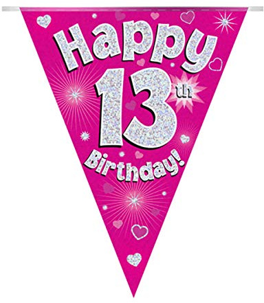 Party Bunting Happy 13th Birthday Pink Holographic 11 flags 3.9m