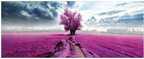 Wallario Glasbild Surreales Blumenfeld lila Blumen auf dem Feld - 50 x 125 cm in Premium-Qualität: Brillante Farben, freischwebende Optik