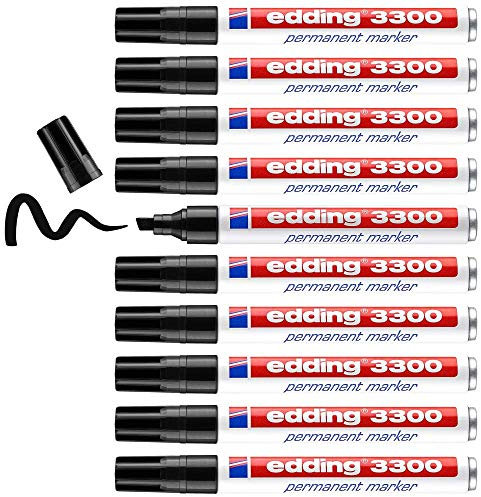 edding 3300 Permanentmarker - schwarz - 10 Stifte - Keil-Spitze 1-5 mm - schnell trocknender Permanent Marker - wasserfest, wischfest - für Karton, Kunststoff, Holz, Metall - Universalmarker