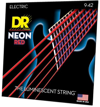 DR Strings Hi-Def Neon Red Electric Lite | UV- & Schwarzlicht-Effekt, K3-Beschichtung, Lange Haltbarkeit, Klarer Klang, Hex Core, Silver Plated Steel