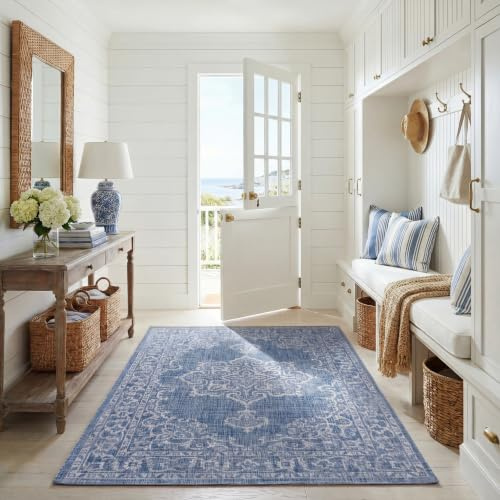 SAFAVIEH Washable Rug Outdoor Courtyard Collection - 5'3 x 7'7, Navy & Grey, Non-Shedding & Easy Cleaning, Ideal for Patio, Backyard, Mudroom (CY8481-36821)
