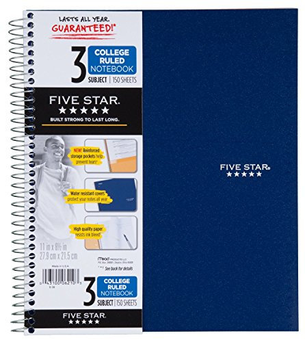 Five Star Spiral Notebook, 3 Subject, 150 College Ruled Sheets, 1 Notebook, Assorted Colors (06210) by Five Star