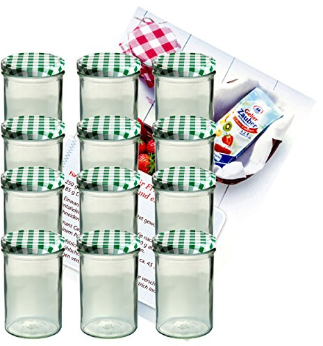 MamboCat 12er Set Sturzglas 435 ml Marmeladenglas Einmachglas Einweckglas to 82 grün Karierter Deckel incl. Diamant-Zucker Gelierzauber Rezeptheft