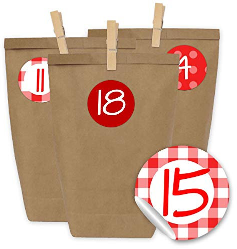 Adventskalender zum Befüllen 2020-24 Geschenktüten und 24 Zahlenaufkleber und Klammern - Motiv Weihnachtlich Rot - zum Befüllen und Basteln - Weihnachten 2020 - Mini Set Nr 20