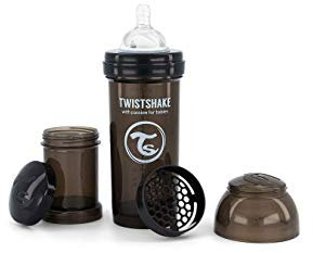 Twistshake Anti-Kolik Babyflasche mit Milchpulverbehälter und Mixer - 260 ml | Silikon-Brustwarze mit mittlerem Durchfluss | BPA-freie Babymilchflasche | Geeignet für Babys ab 2 Monaten | Schwarz