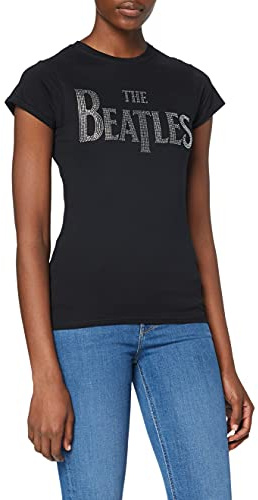 The Beatles Women's Drop T Logo & Rhinestones Slim Fit Short Sleeve T-Shirt, Black, Size 12 (Manufacturer Size:Large)