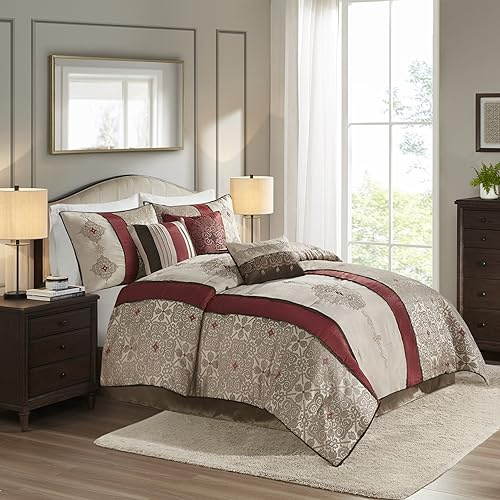 Madison Park Comforter Faux Silk-Traditional Luxurious Jacquard Design All Season Set, Matching Bed Skirt, Decorative Pillows, King(104x92), Red 7 Piece
