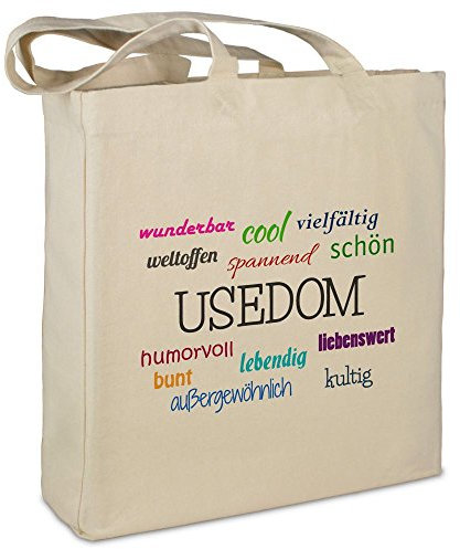 Stofftasche mit Stadt/Ort Usedom  - Motiv Positive Eigenschaften - Farbe beige - Stoffbeutel, Jutebeutel, Einkaufstasche, Beutel