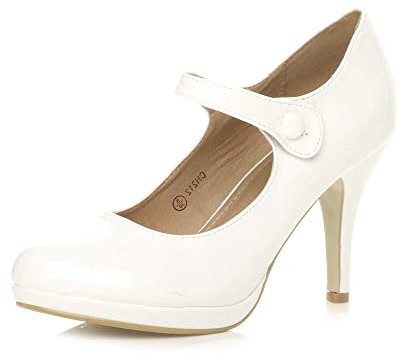 Ajvani Womens Ladies mid high Heel Mary Jane Strap Evening Court Shoes Pumps, 6 UK, White
