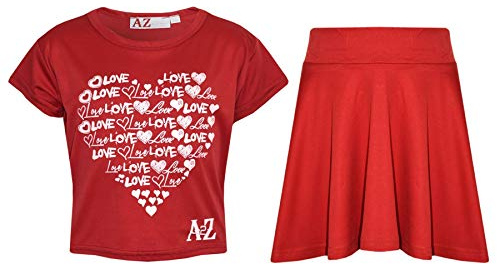 A2Z 4 Kids Girls Love T Shirt Skirt Set Soft Feel - New Crop Top Love Skirt Red 9-10