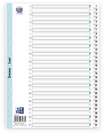 Oxford 400013948 Kunststoff-Register Strong-Line 1-31 31-teilig für DIN A4 Plastikregister mit beschriftbarem Deckblatt weiß Ringbuch Ordner Ring-Mappe