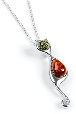 HENRYKA Katzenhalskette aus 925er Sterlingsilber 45 7 cm Kette baltischer Bernstein Katzensilhouette Halskette mit Ringelschwanz Boho-Stil farbenfroher 3D-Anhänger Schmuck Geschenk für Mädchen und
