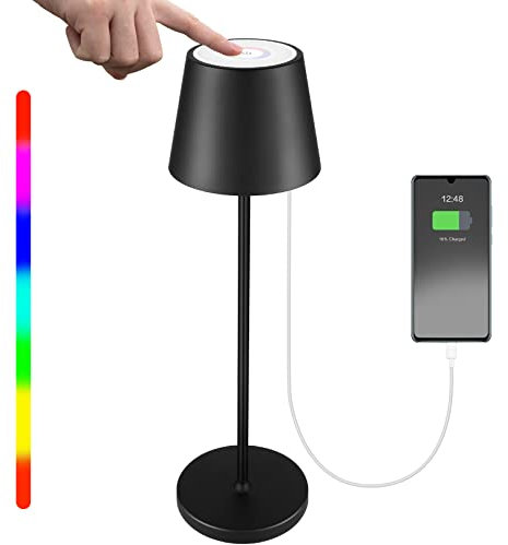 HOSWTLY Tischlampe Kabellos, Wiederaufladbare LED Tischlampe Mit Warmweiß 8 Farben RGB Nachttischlampe Touch Dimmbar Wasserdicht Für Innen Außen Wohnzimmer Schlafzimmer Esstisch Bar Dekoration,Schwarz, 38*11.5cm