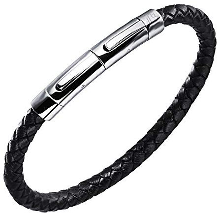 Lunavit Magnetschmuck, Damen und Herren Magnetarmband, schwarzes Lederarmband mit Neodym-Magnete, Edelstahl Schließe in Silber, längenverstellbar