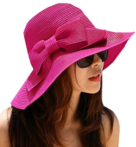 LA HUATE Women's Foldable Bowknot Floppy Straw Sun Hat Wide Brim Beach Sun Visor Hat Cap Rose Red